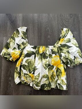 H&M White Lemon Print Puff Sleeve Crop Top with Yellow & Green
